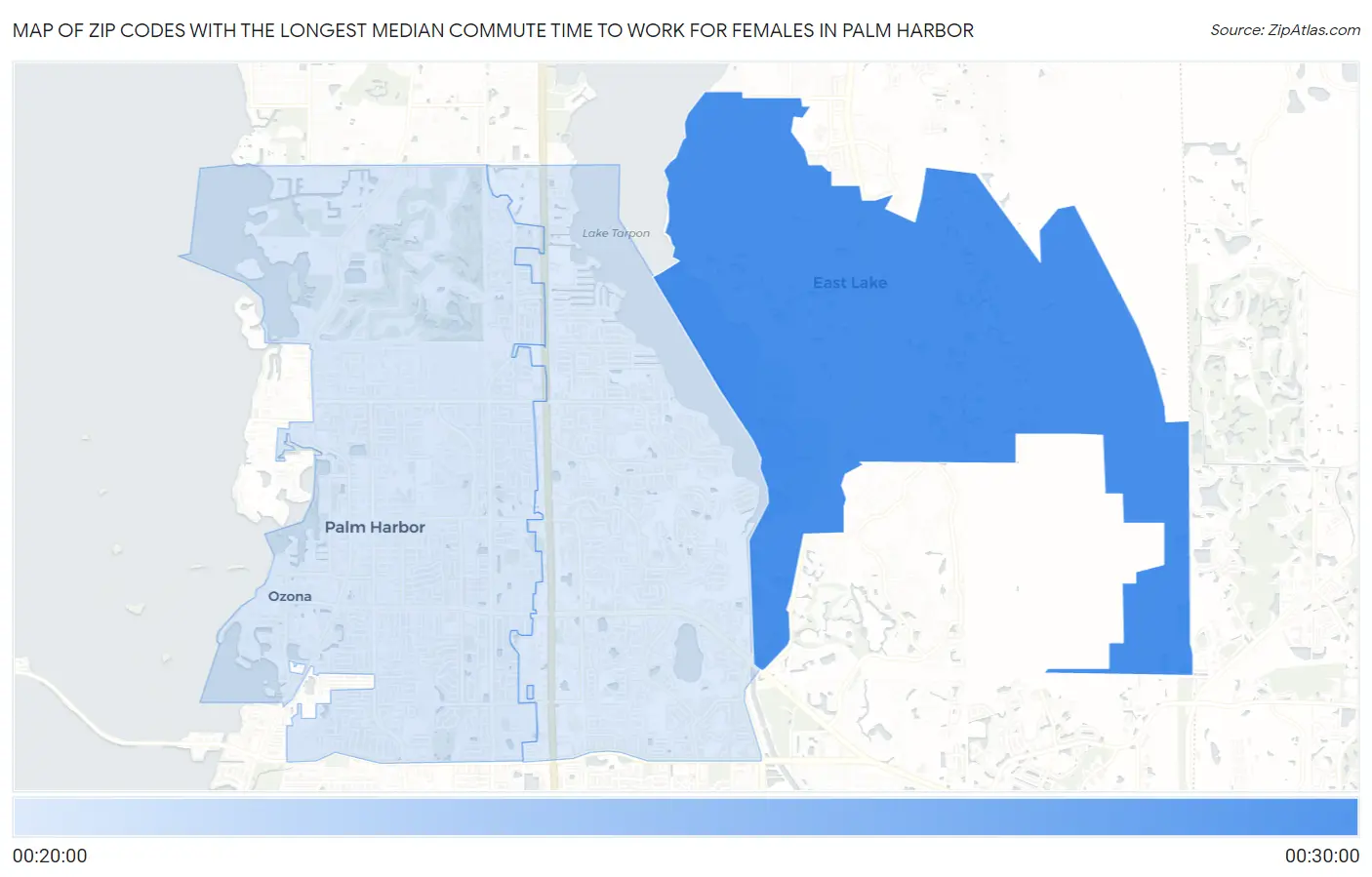 Zip Codes with the Longest Median Commute Time to Work for Females in Palm Harbor Map