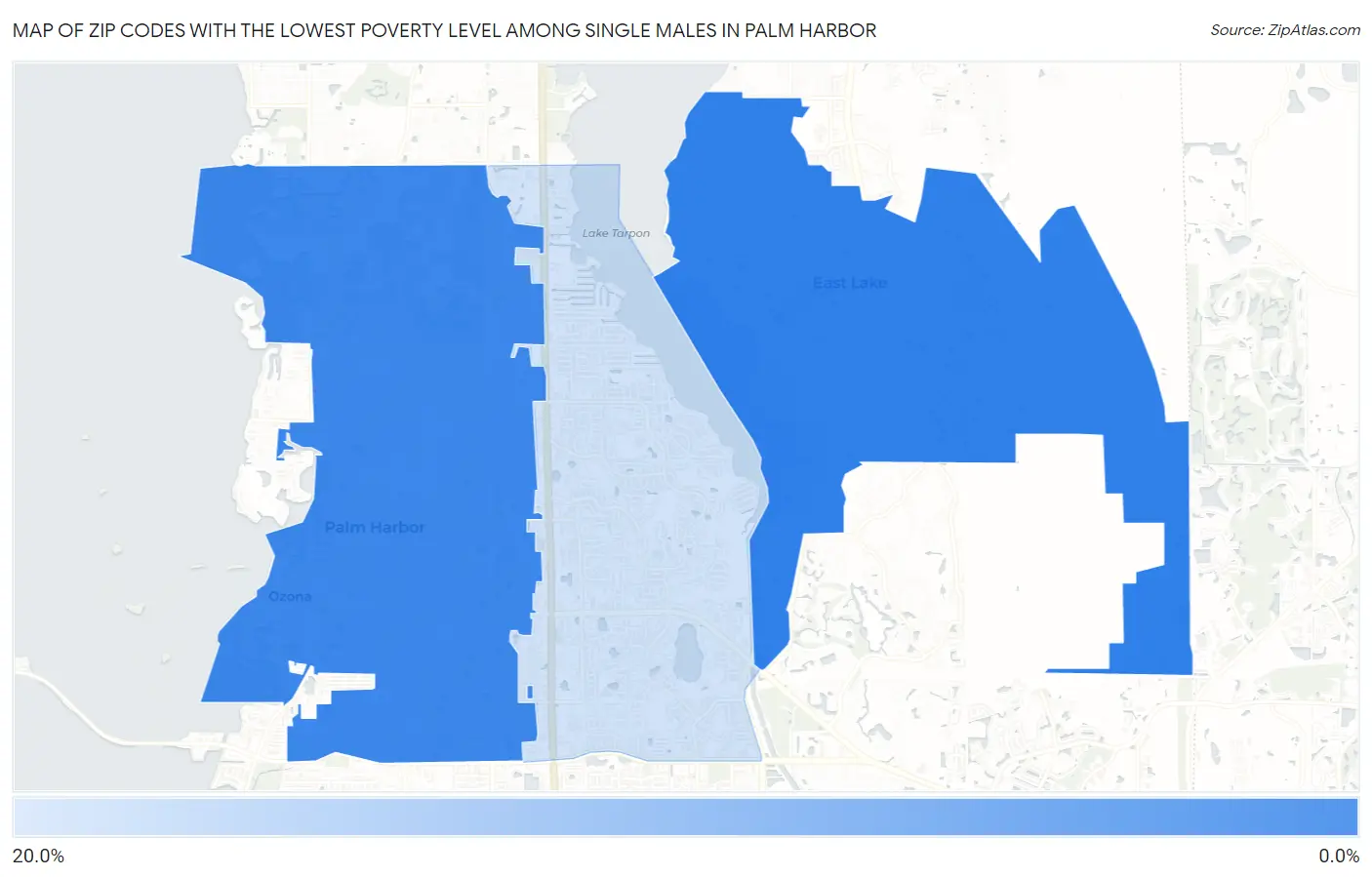 Zip Codes with the Lowest Poverty Level Among Single Males in Palm Harbor Map