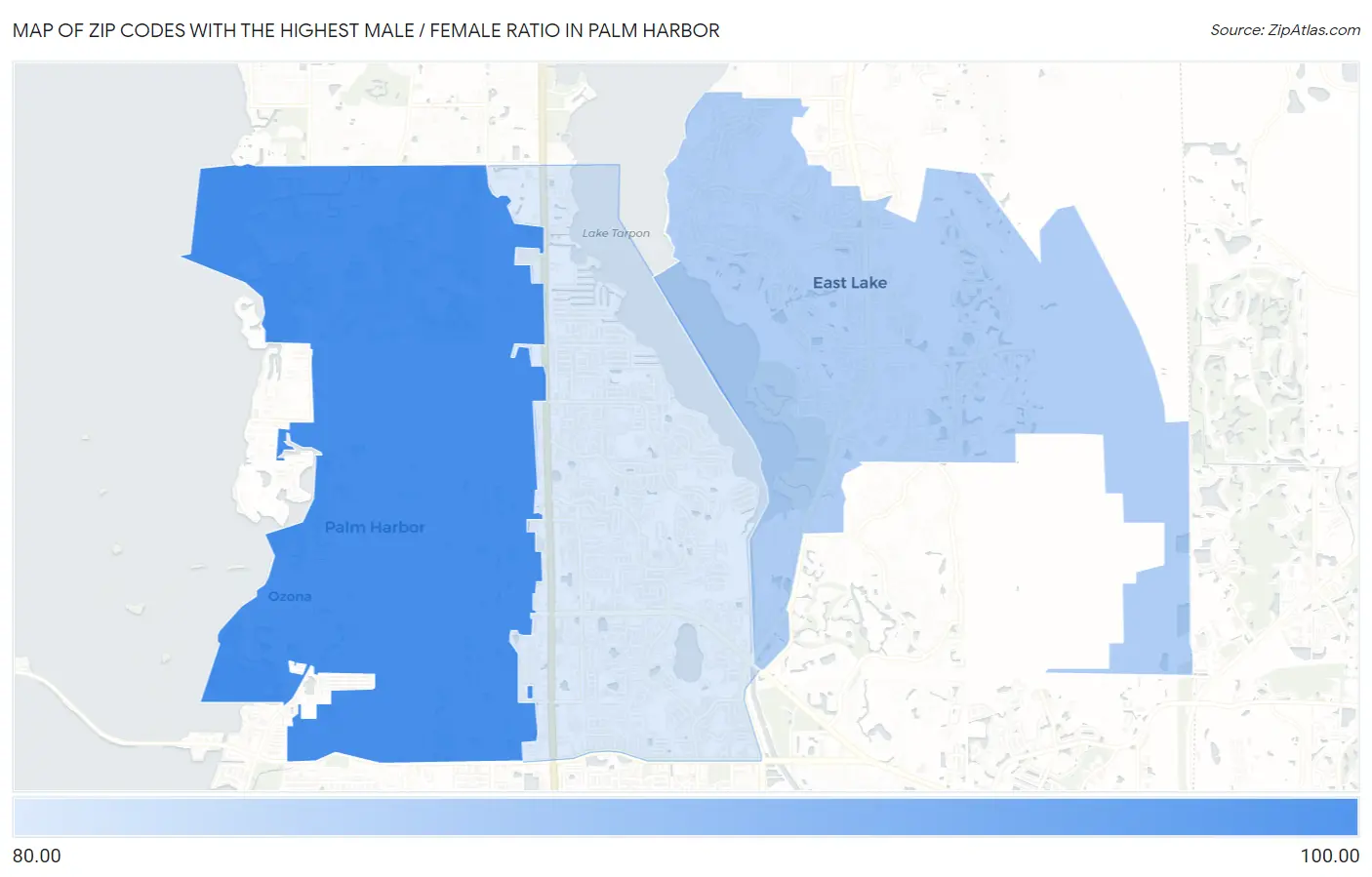Zip Codes with the Highest Male / Female Ratio in Palm Harbor Map