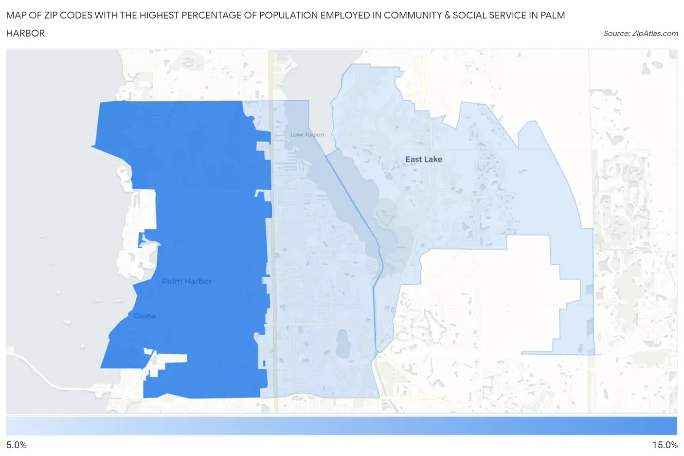 Zip Codes with the Highest Percentage of Population Employed in Community & Social Service  in Palm Harbor Map