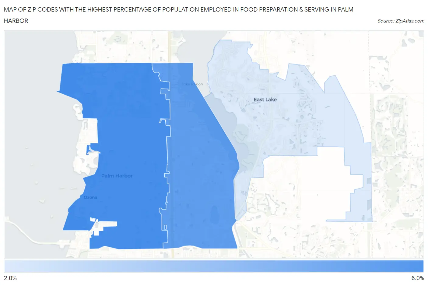 Zip Codes with the Highest Percentage of Population Employed in Food Preparation & Serving in Palm Harbor Map