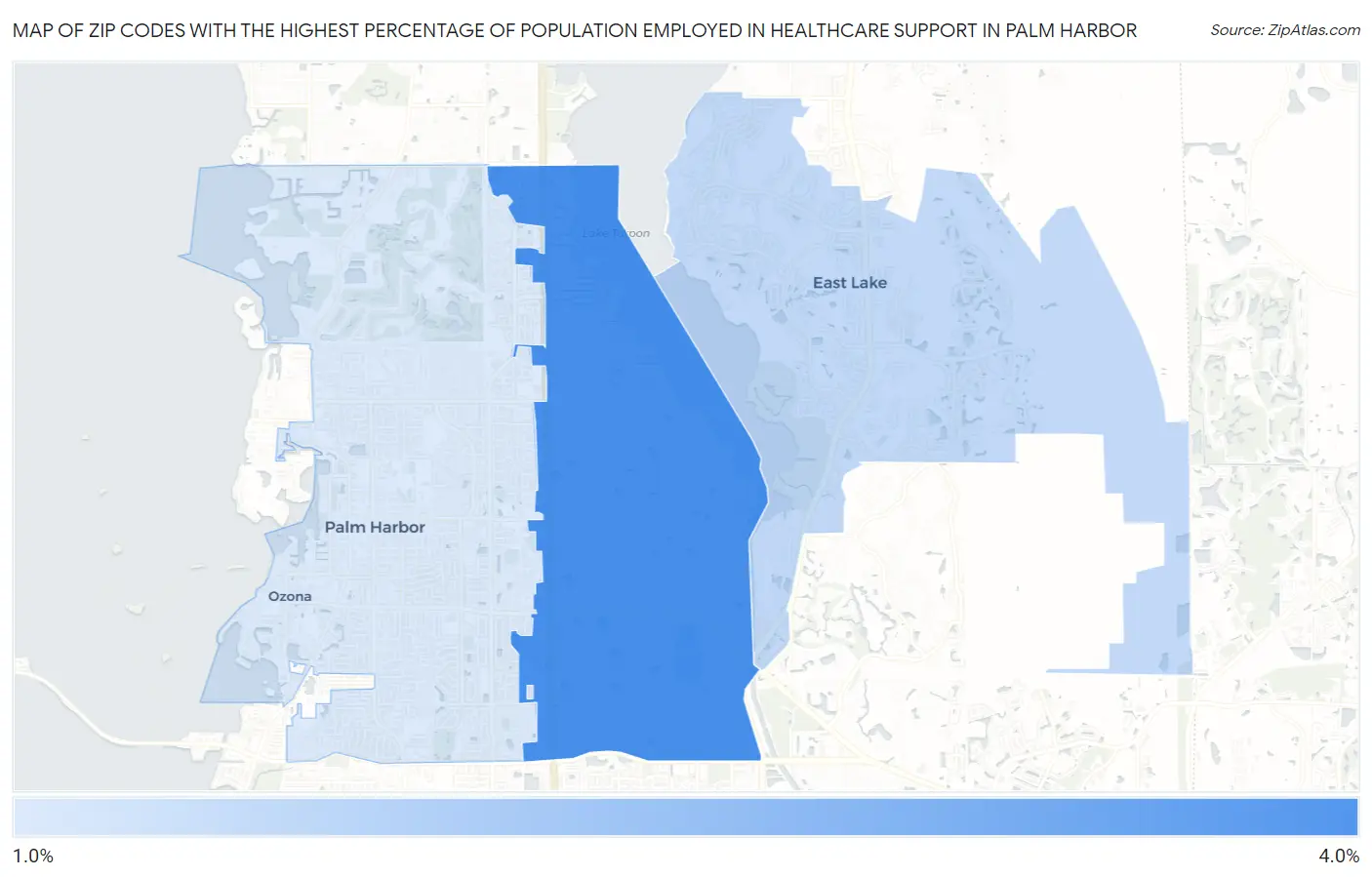 Zip Codes with the Highest Percentage of Population Employed in Healthcare Support in Palm Harbor Map
