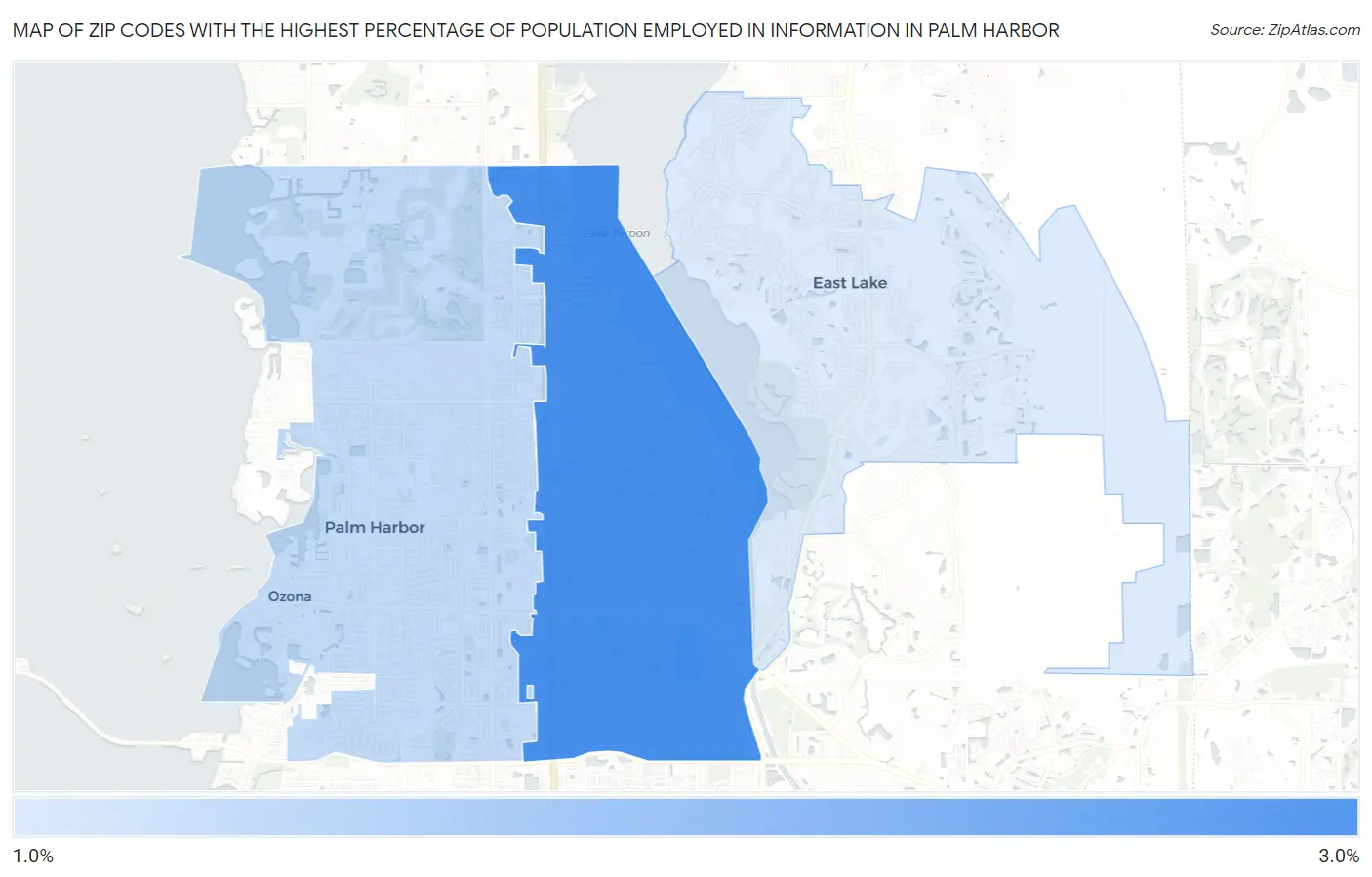 Zip Codes with the Highest Percentage of Population Employed in Information in Palm Harbor Map