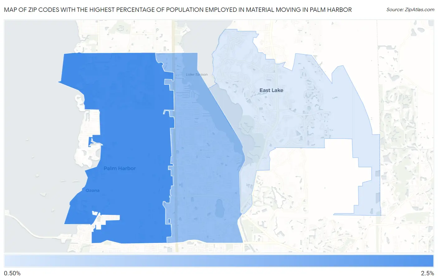 Zip Codes with the Highest Percentage of Population Employed in Material Moving in Palm Harbor Map
