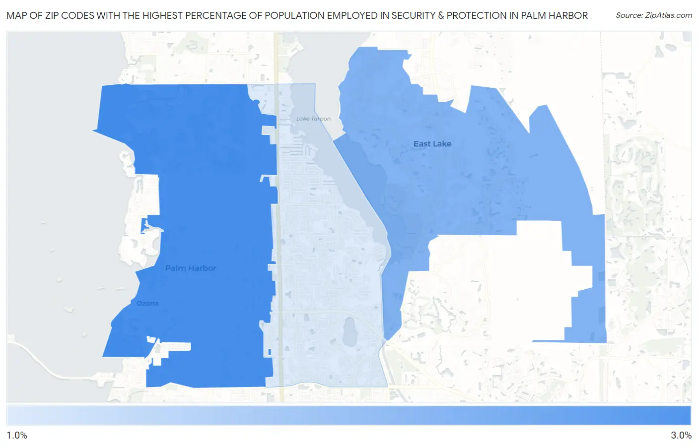 Zip Codes with the Highest Percentage of Population Employed in Security & Protection in Palm Harbor Map