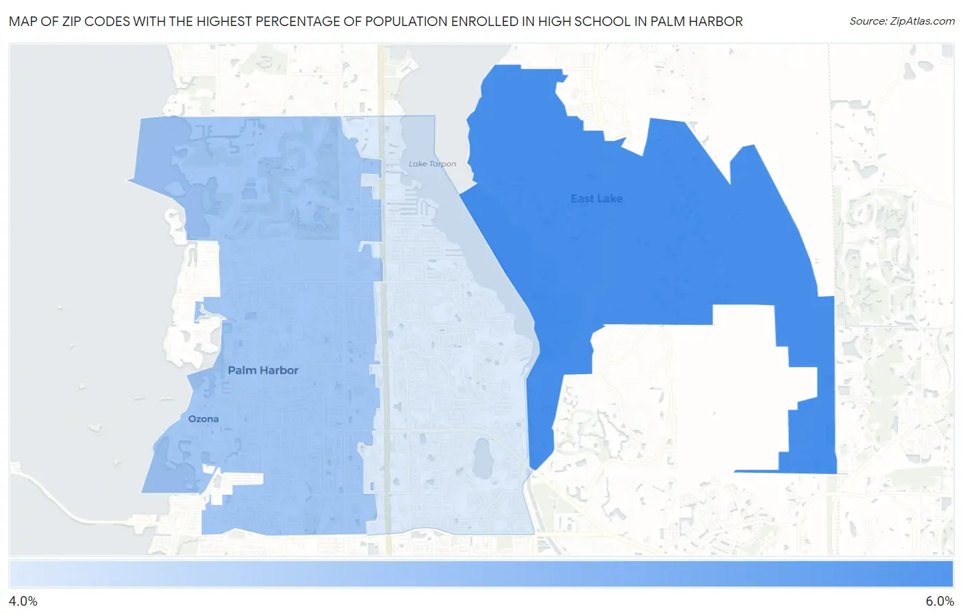 Zip Codes with the Highest Percentage of Population Enrolled in High School in Palm Harbor Map