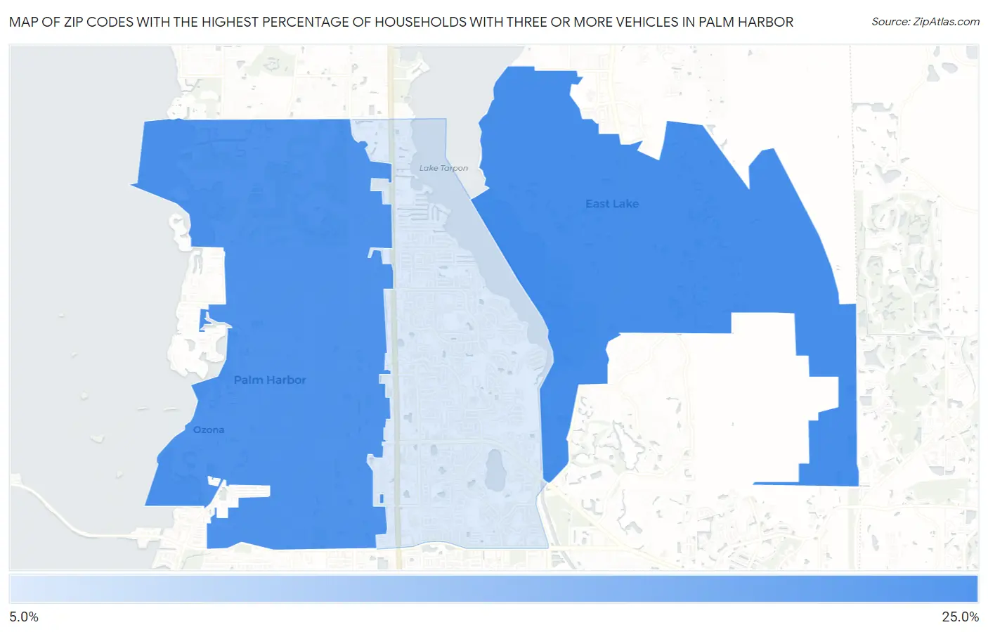 Zip Codes with the Highest Percentage of Households With Three or more Vehicles in Palm Harbor Map