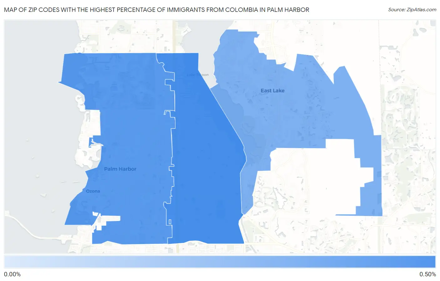 Zip Codes with the Highest Percentage of Immigrants from Colombia in Palm Harbor Map