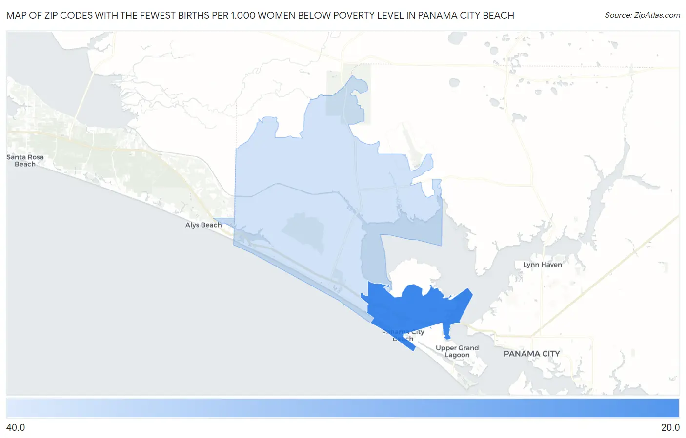 Zip Codes with the Fewest Births per 1,000 Women Below Poverty Level in Panama City Beach Map