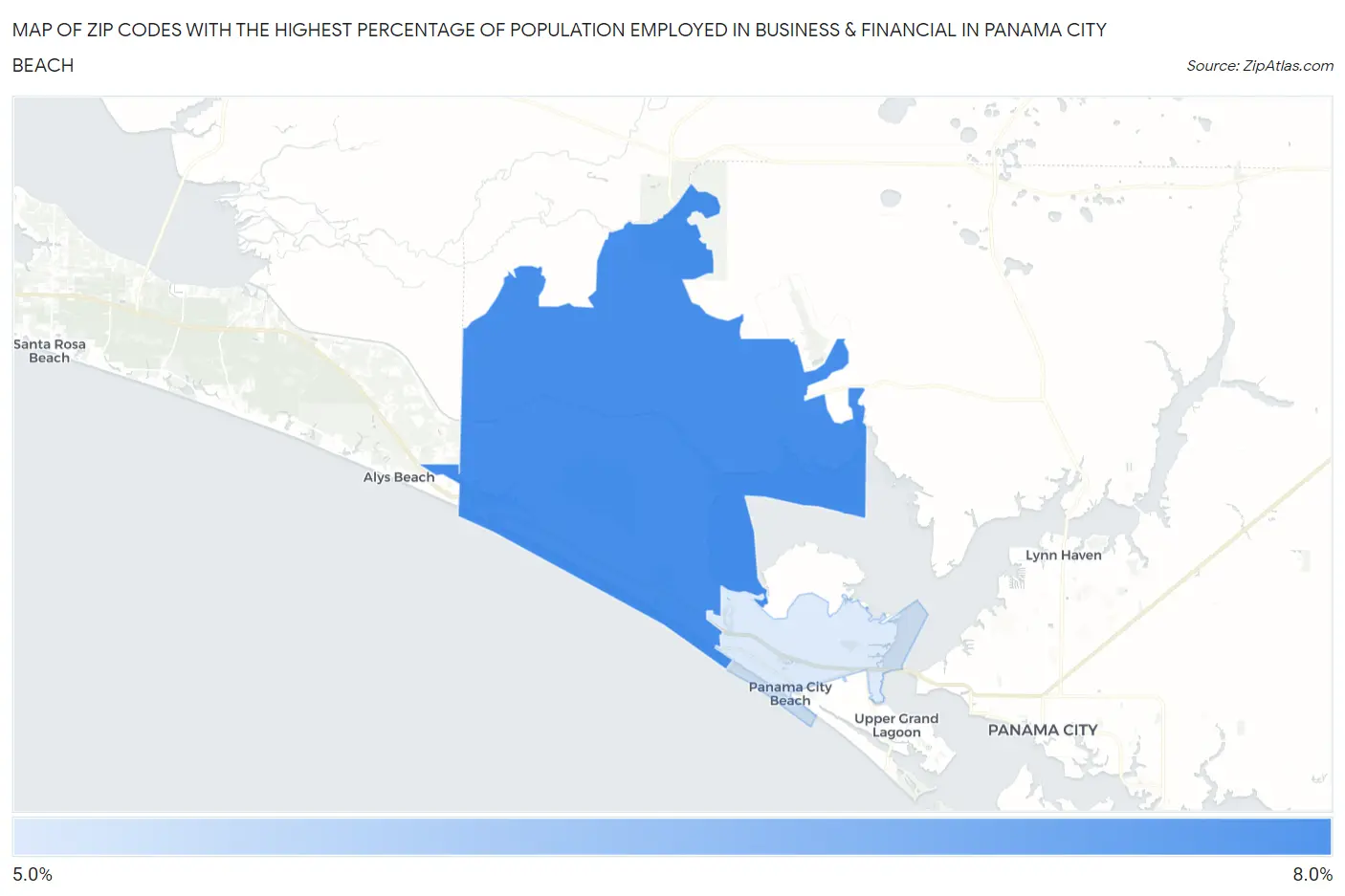 Zip Codes with the Highest Percentage of Population Employed in Business & Financial in Panama City Beach Map