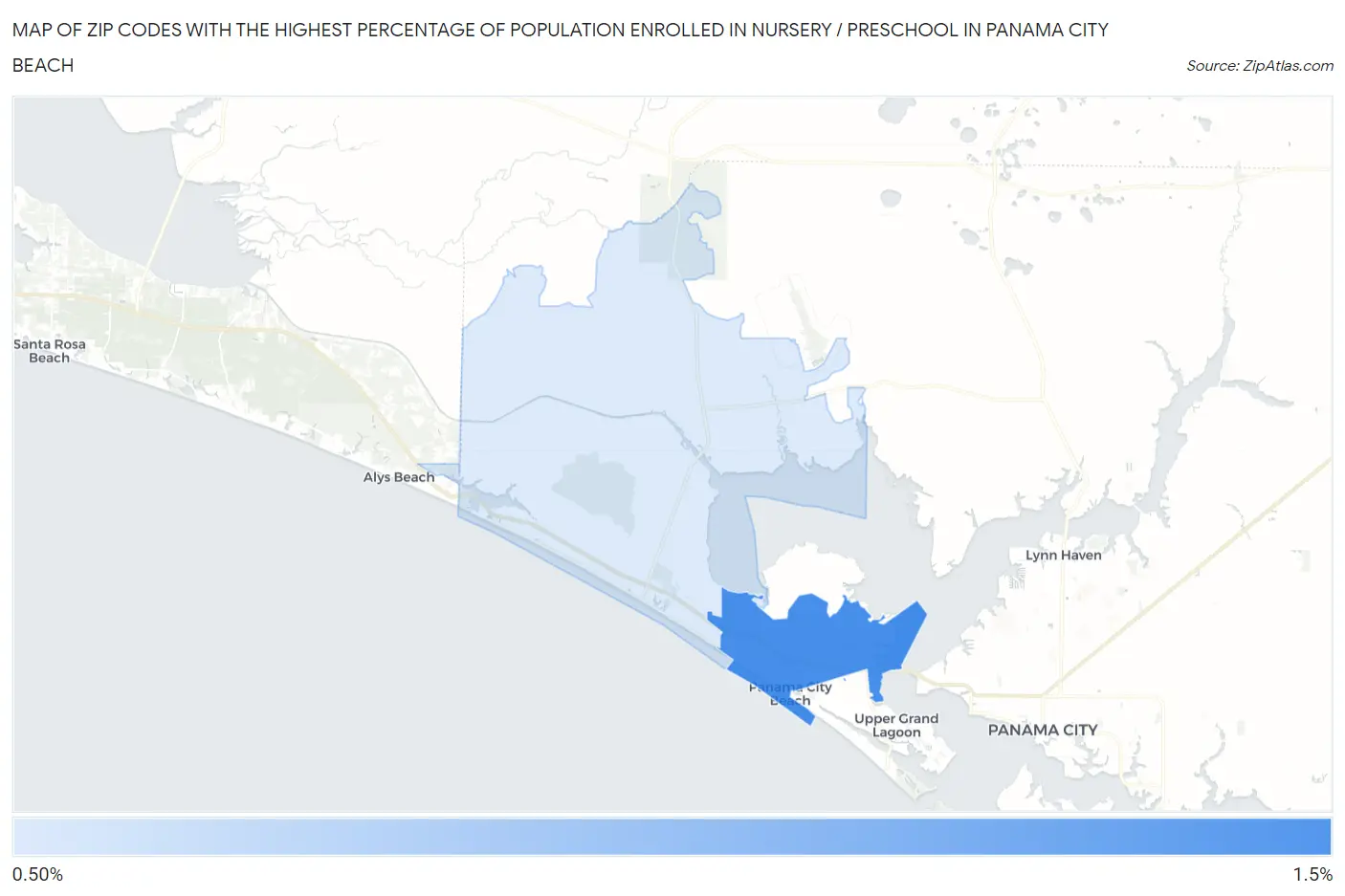 Zip Codes with the Highest Percentage of Population Enrolled in Nursery / Preschool in Panama City Beach Map