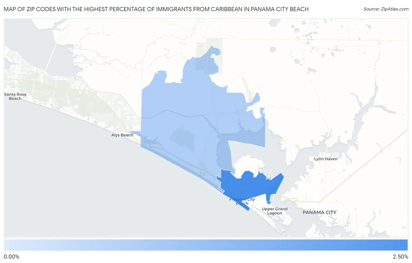 Zip Codes with the Highest Percentage of Immigrants from Caribbean in Panama City Beach Map