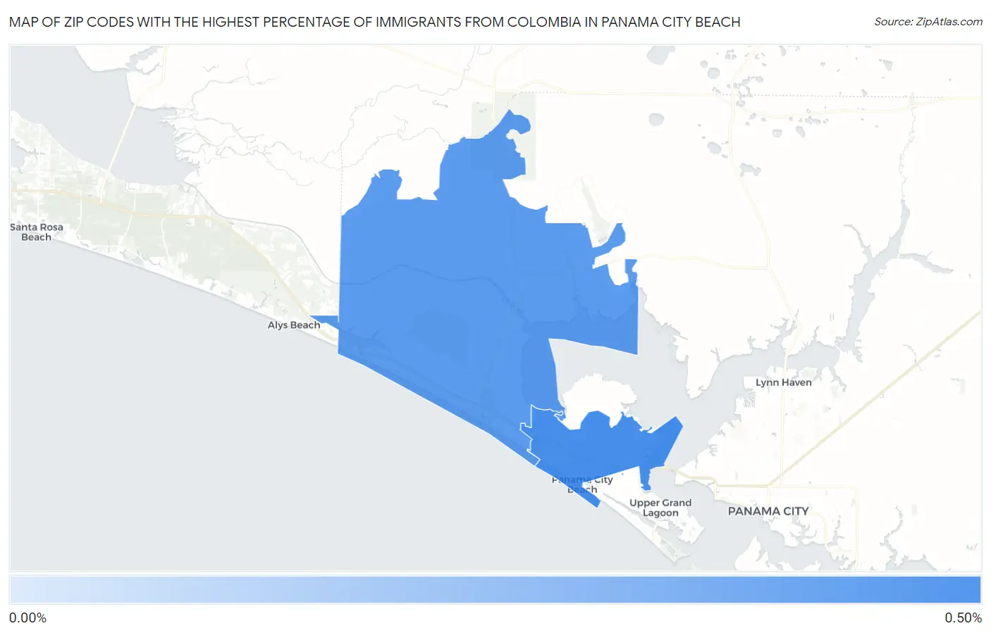 Zip Codes with the Highest Percentage of Immigrants from Colombia in Panama City Beach Map
