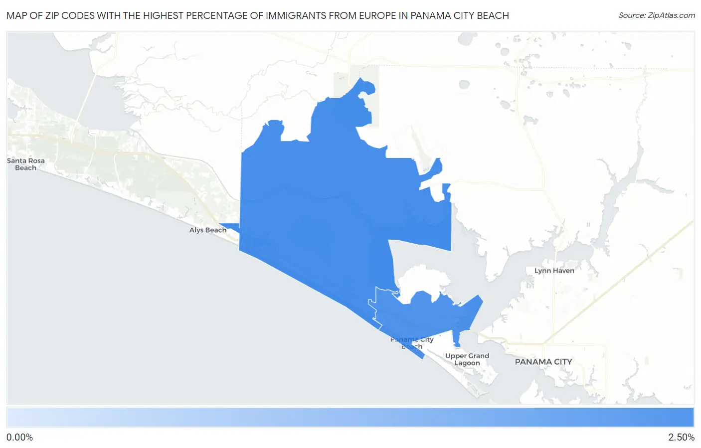 Zip Codes with the Highest Percentage of Immigrants from Europe in Panama City Beach Map