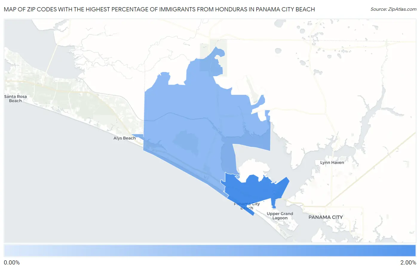Zip Codes with the Highest Percentage of Immigrants from Honduras in Panama City Beach Map