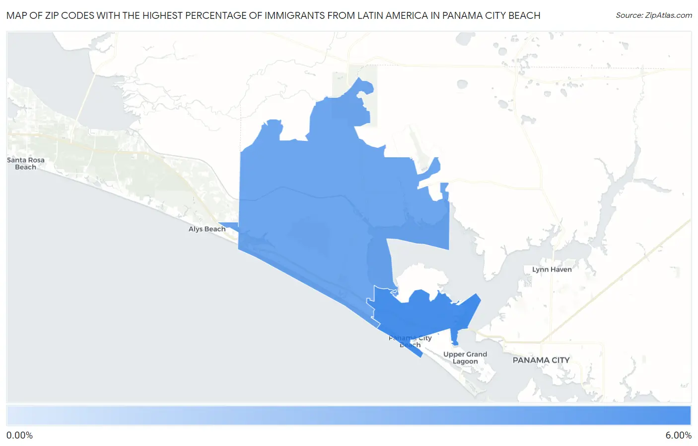 Zip Codes with the Highest Percentage of Immigrants from Latin America in Panama City Beach Map