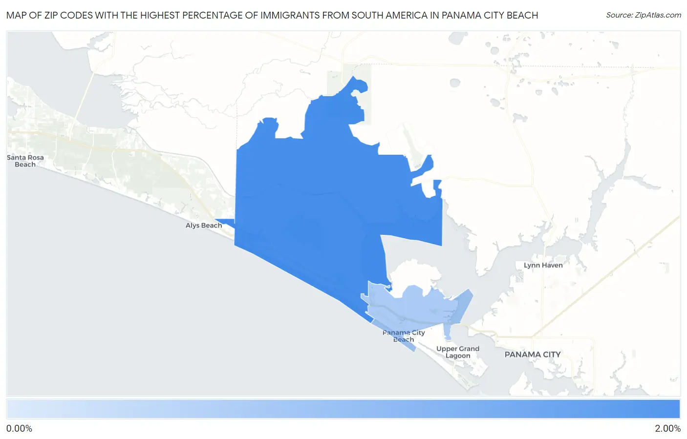 Zip Codes with the Highest Percentage of Immigrants from South America in Panama City Beach Map