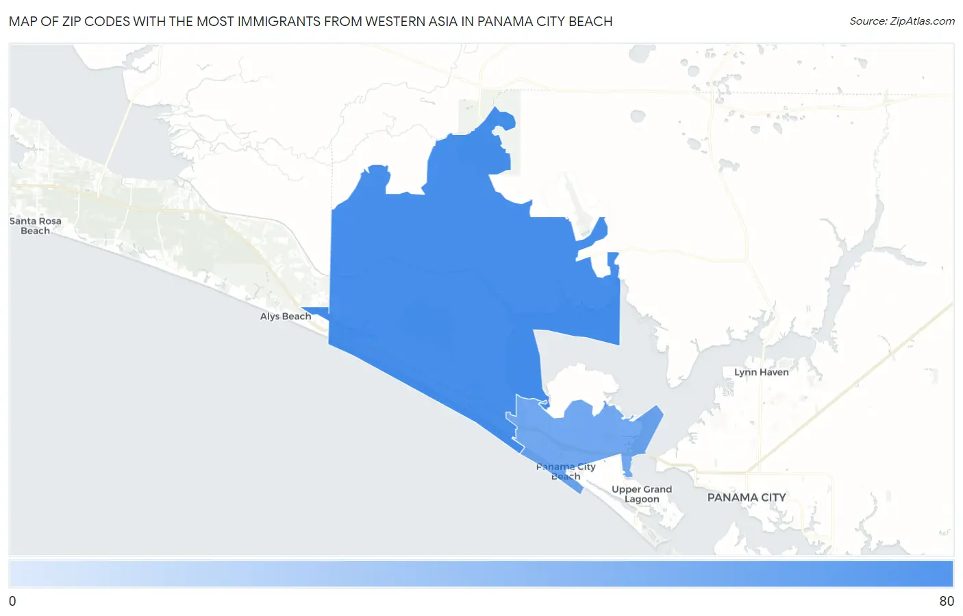 Zip Codes with the Most Immigrants from Western Asia in Panama City Beach Map