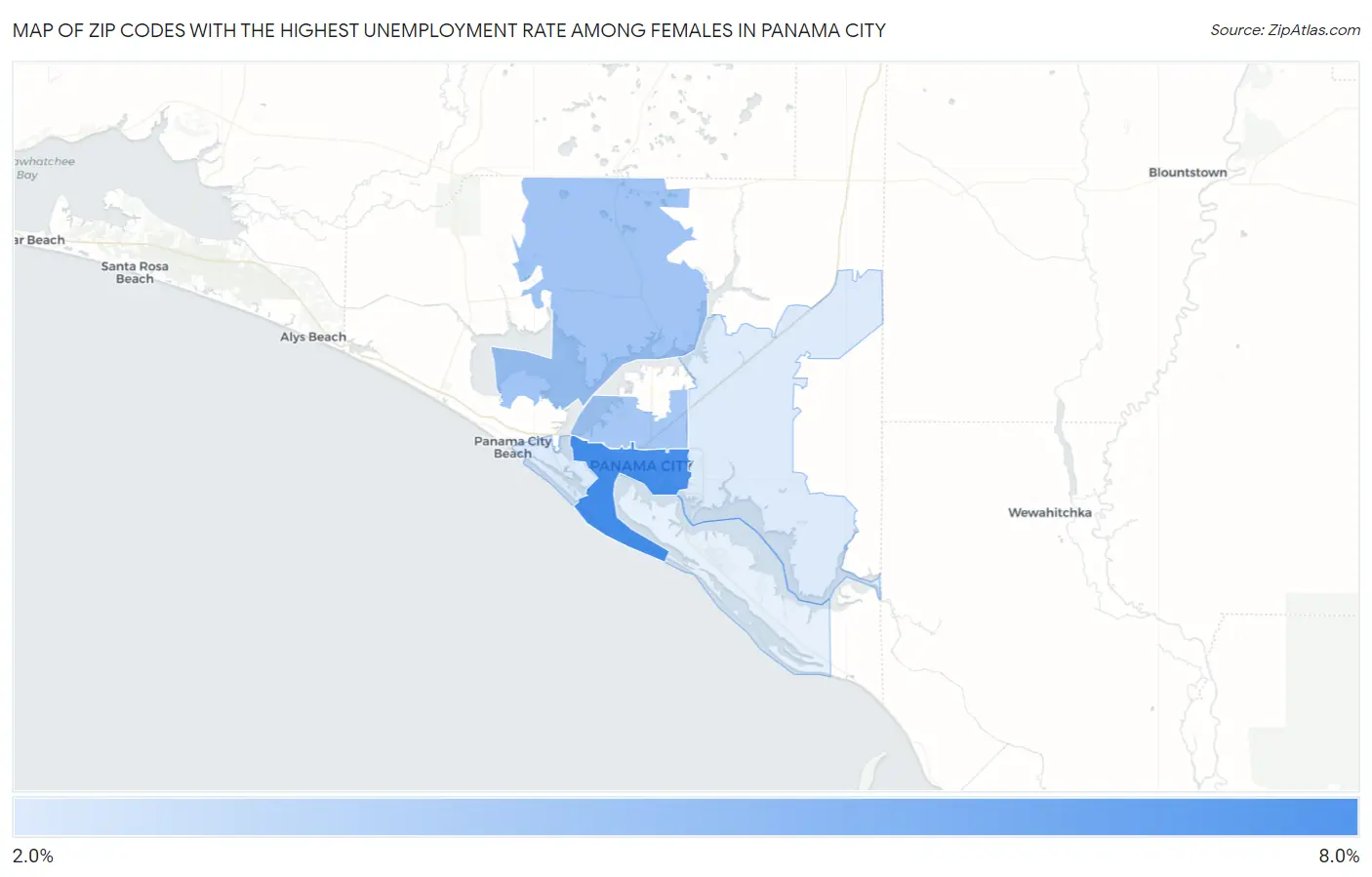 Zip Codes with the Highest Unemployment Rate Among Females in Panama City Map