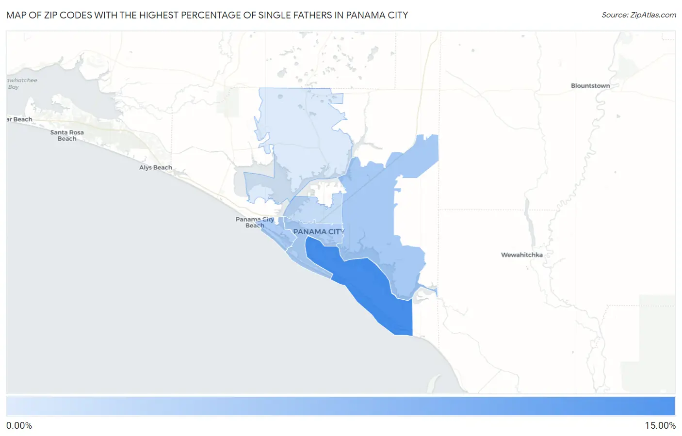 Zip Codes with the Highest Percentage of Single Fathers in Panama City Map
