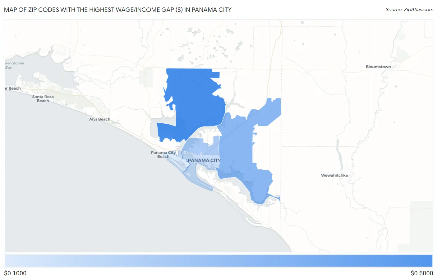 Zip Codes with the Highest Wage/Income Gap ($) in Panama City Map