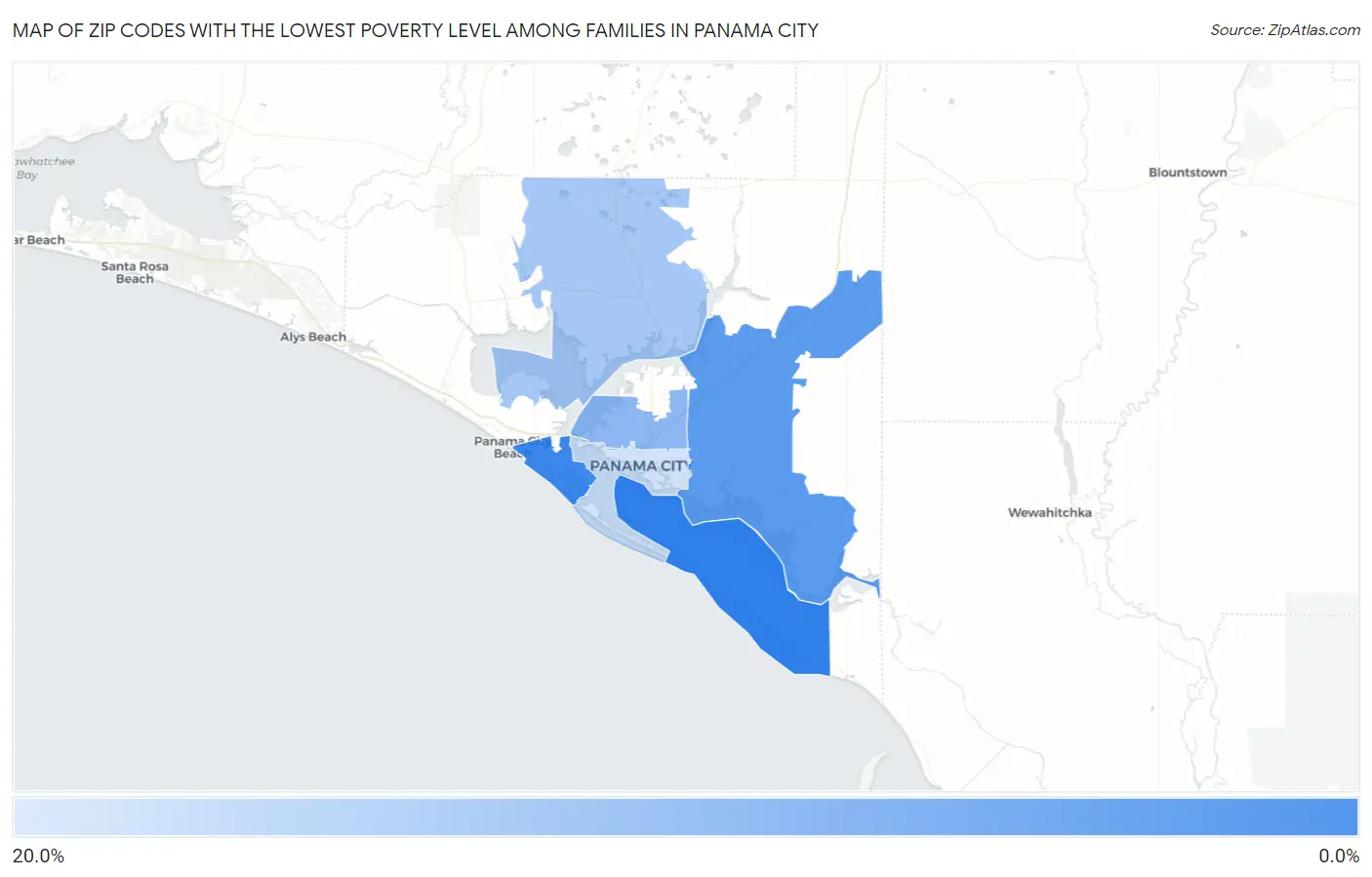 Zip Codes with the Lowest Poverty Level Among Families in Panama City Map