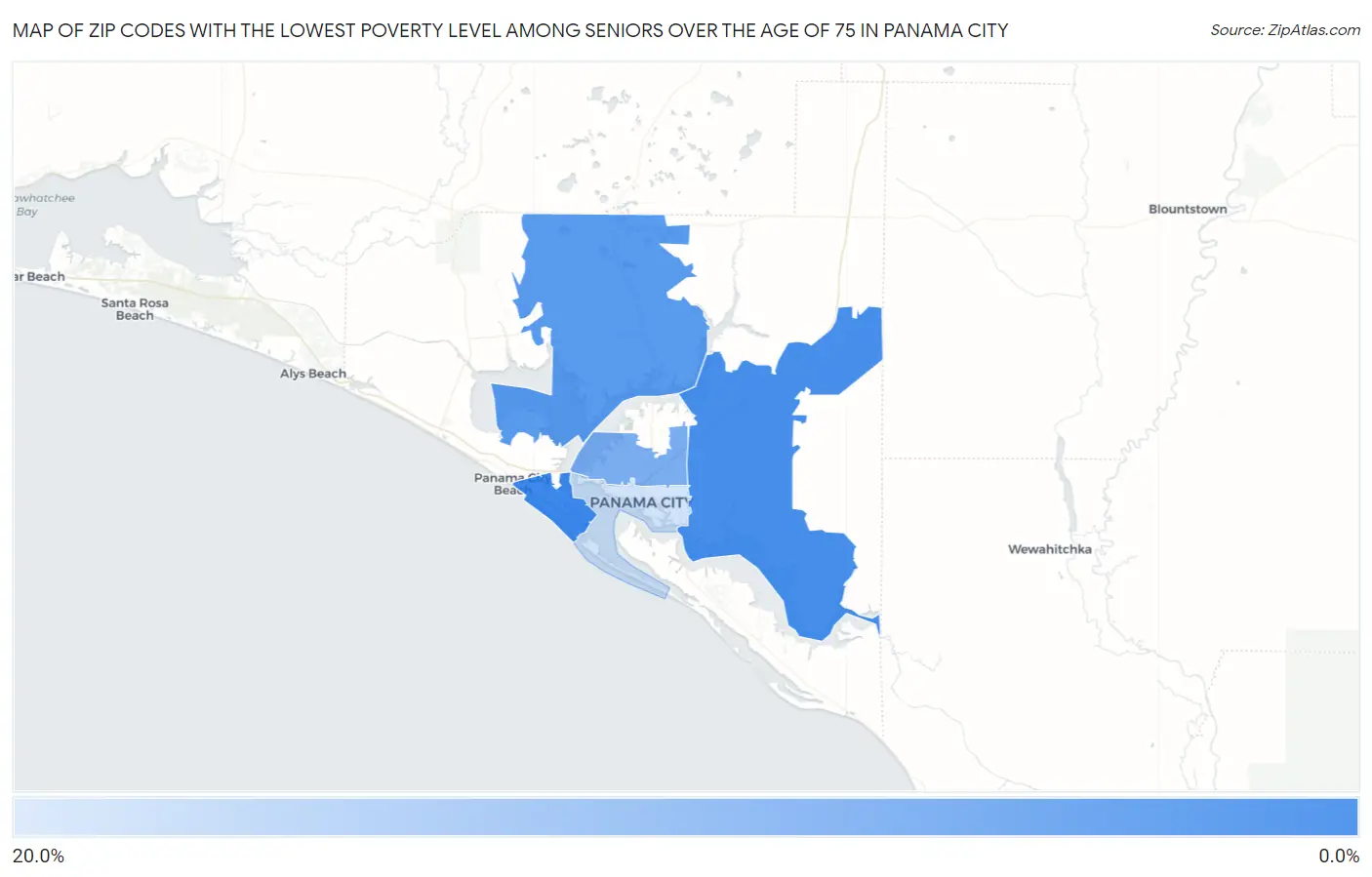 Zip Codes with the Lowest Poverty Level Among Seniors Over the Age of 75 in Panama City Map