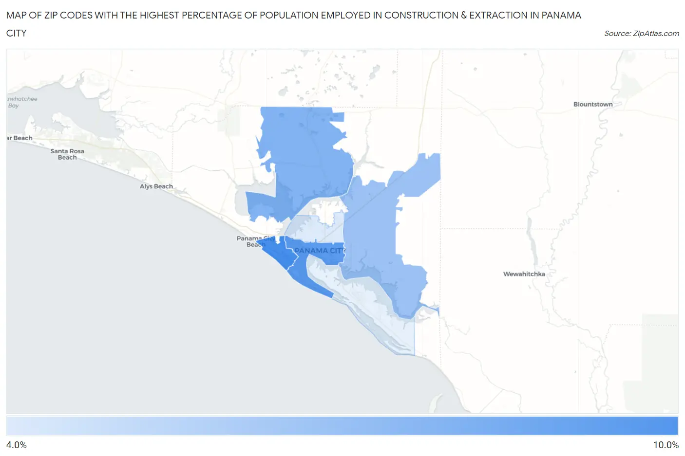 Zip Codes with the Highest Percentage of Population Employed in Construction & Extraction in Panama City Map
