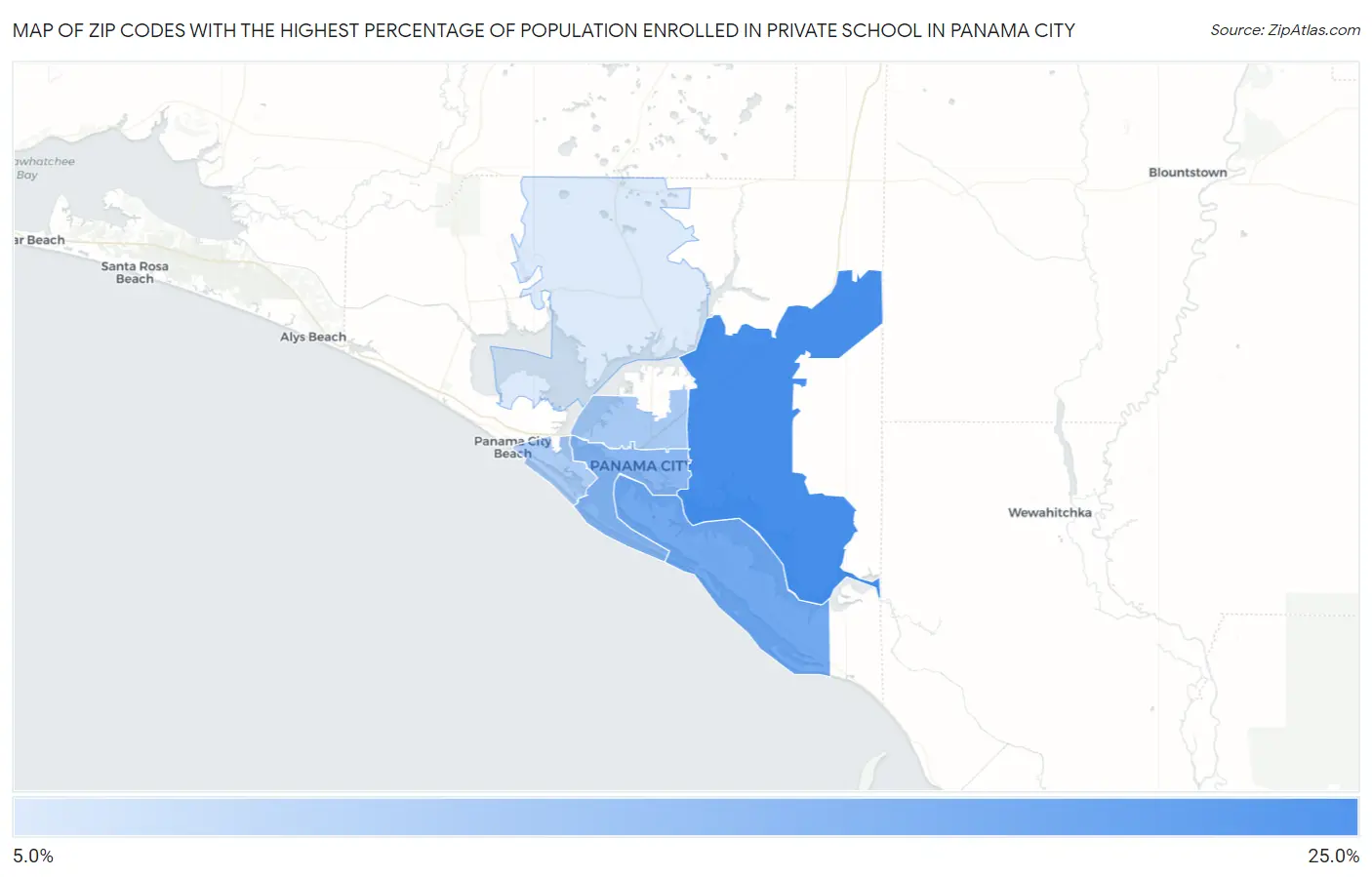 Zip Codes with the Highest Percentage of Population Enrolled in Private School in Panama City Map
