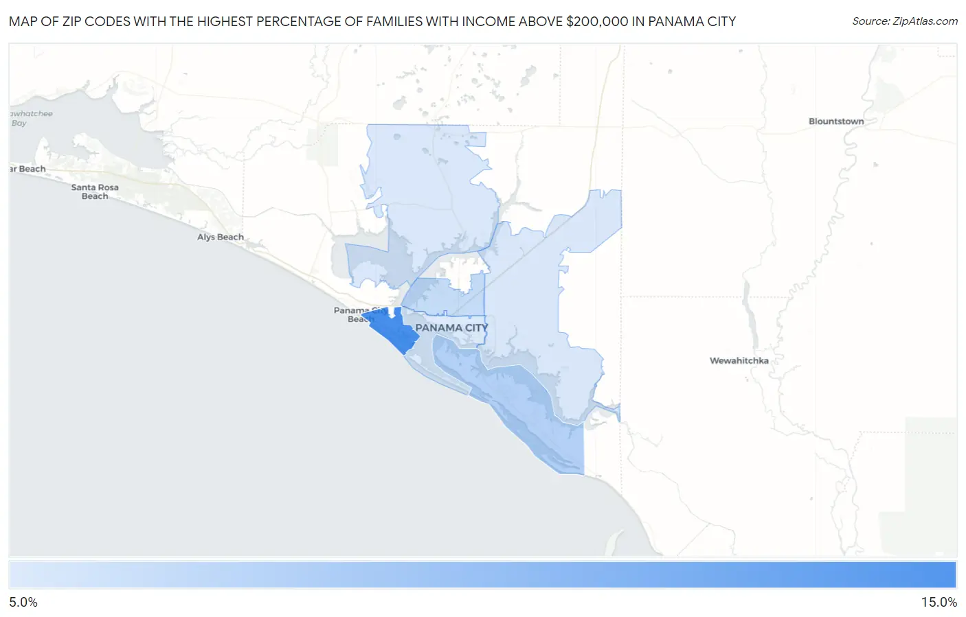 Zip Codes with the Highest Percentage of Families with Income Above $200,000 in Panama City Map