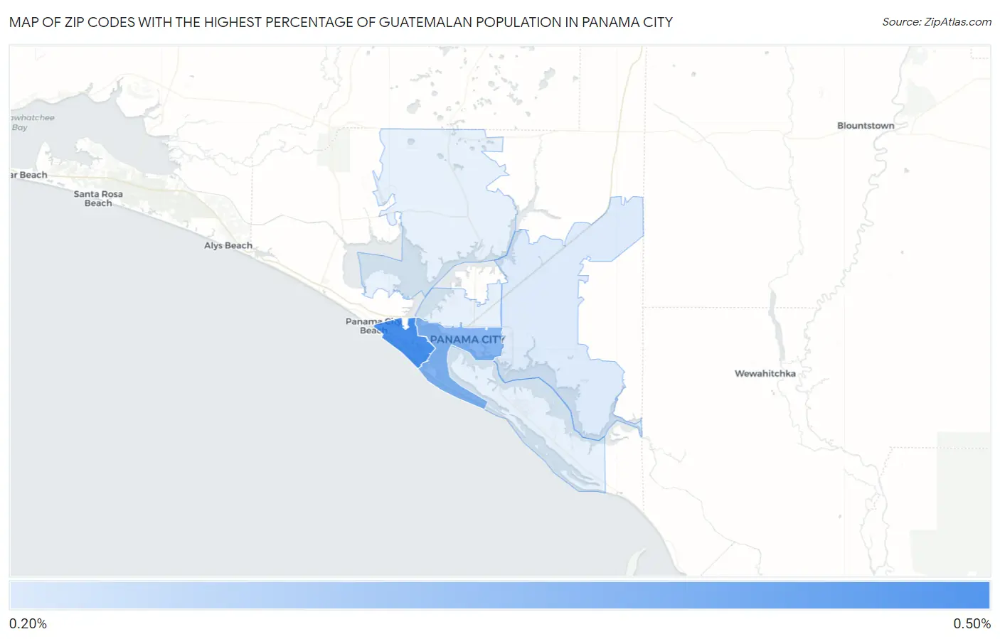 Zip Codes with the Highest Percentage of Guatemalan Population in Panama City Map
