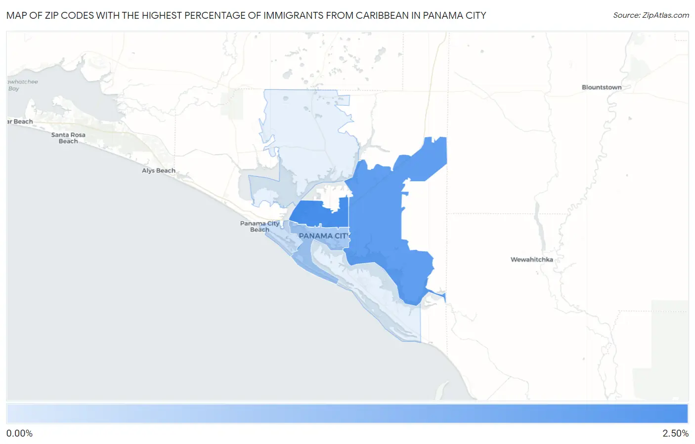 Zip Codes with the Highest Percentage of Immigrants from Caribbean in Panama City Map