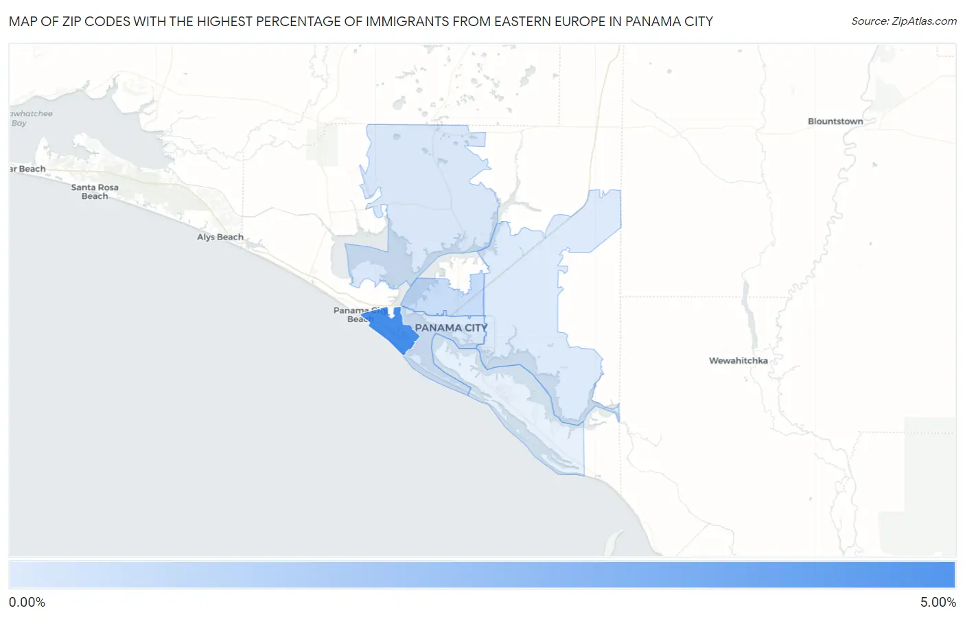 Zip Codes with the Highest Percentage of Immigrants from Eastern Europe in Panama City Map