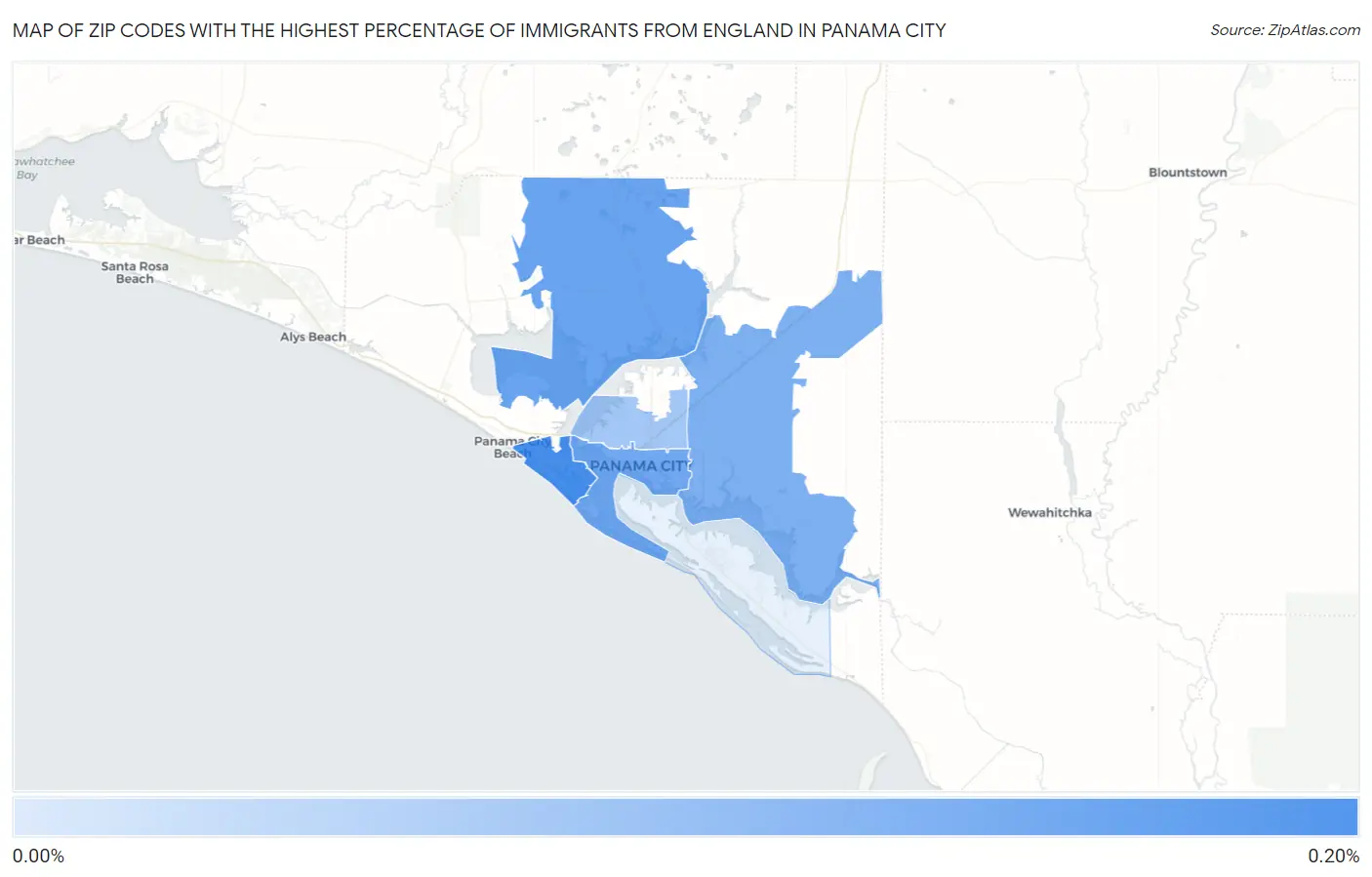 Zip Codes with the Highest Percentage of Immigrants from England in Panama City Map