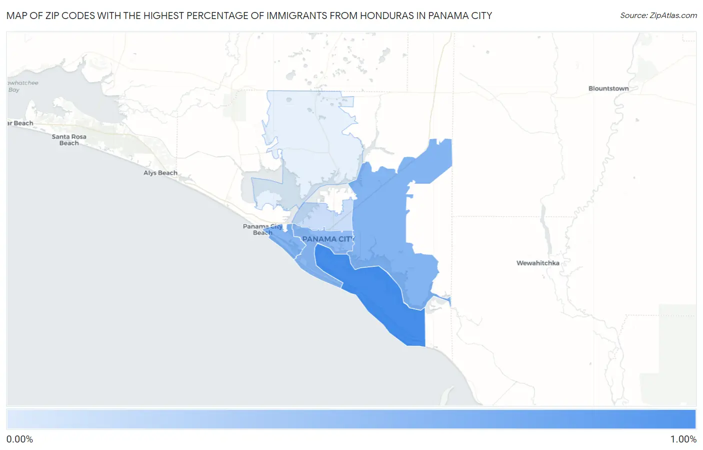Zip Codes with the Highest Percentage of Immigrants from Honduras in Panama City Map