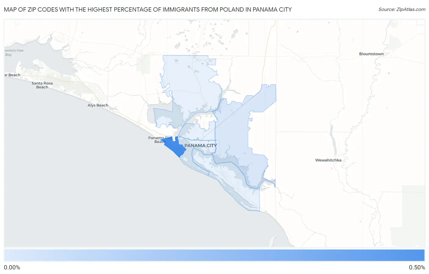Zip Codes with the Highest Percentage of Immigrants from Poland in Panama City Map