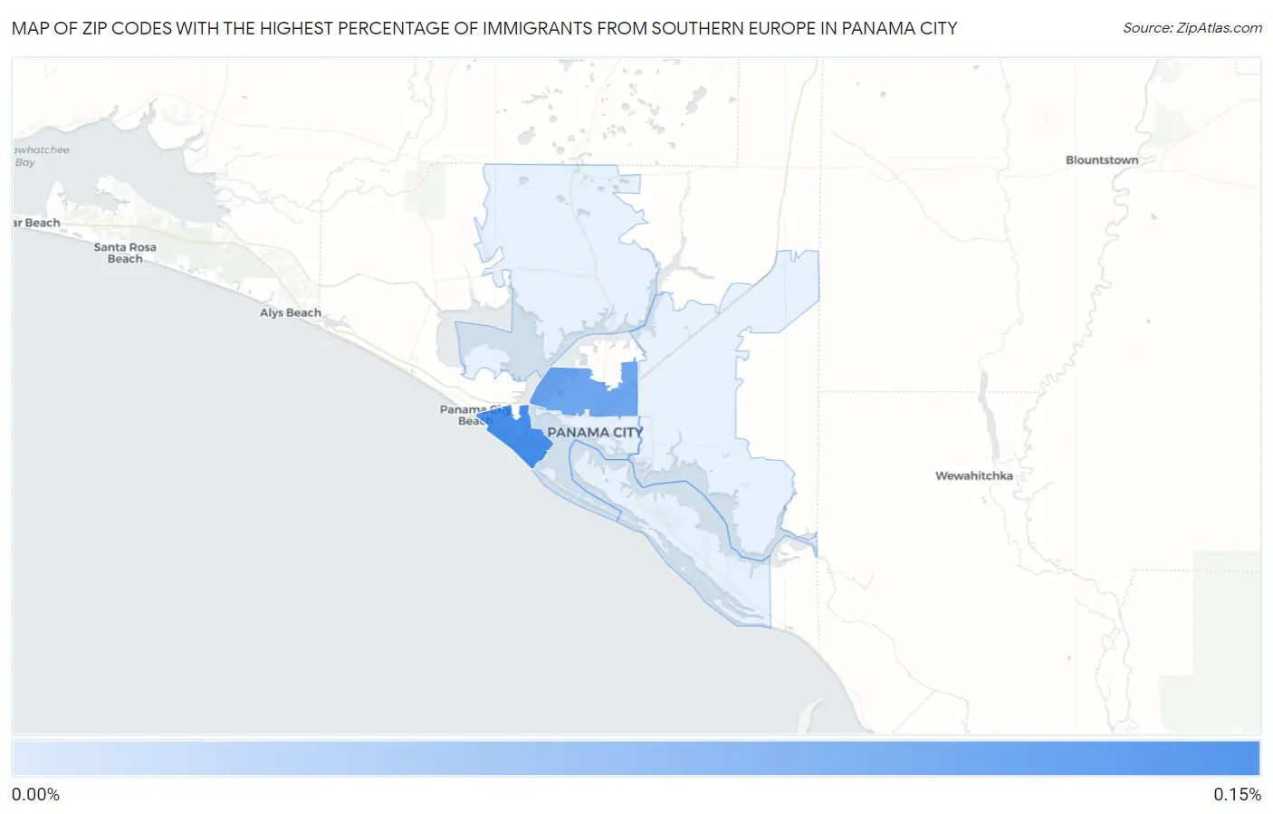 Zip Codes with the Highest Percentage of Immigrants from Southern Europe in Panama City Map