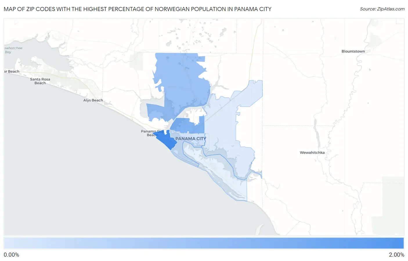 Zip Codes with the Highest Percentage of Norwegian Population in Panama City Map
