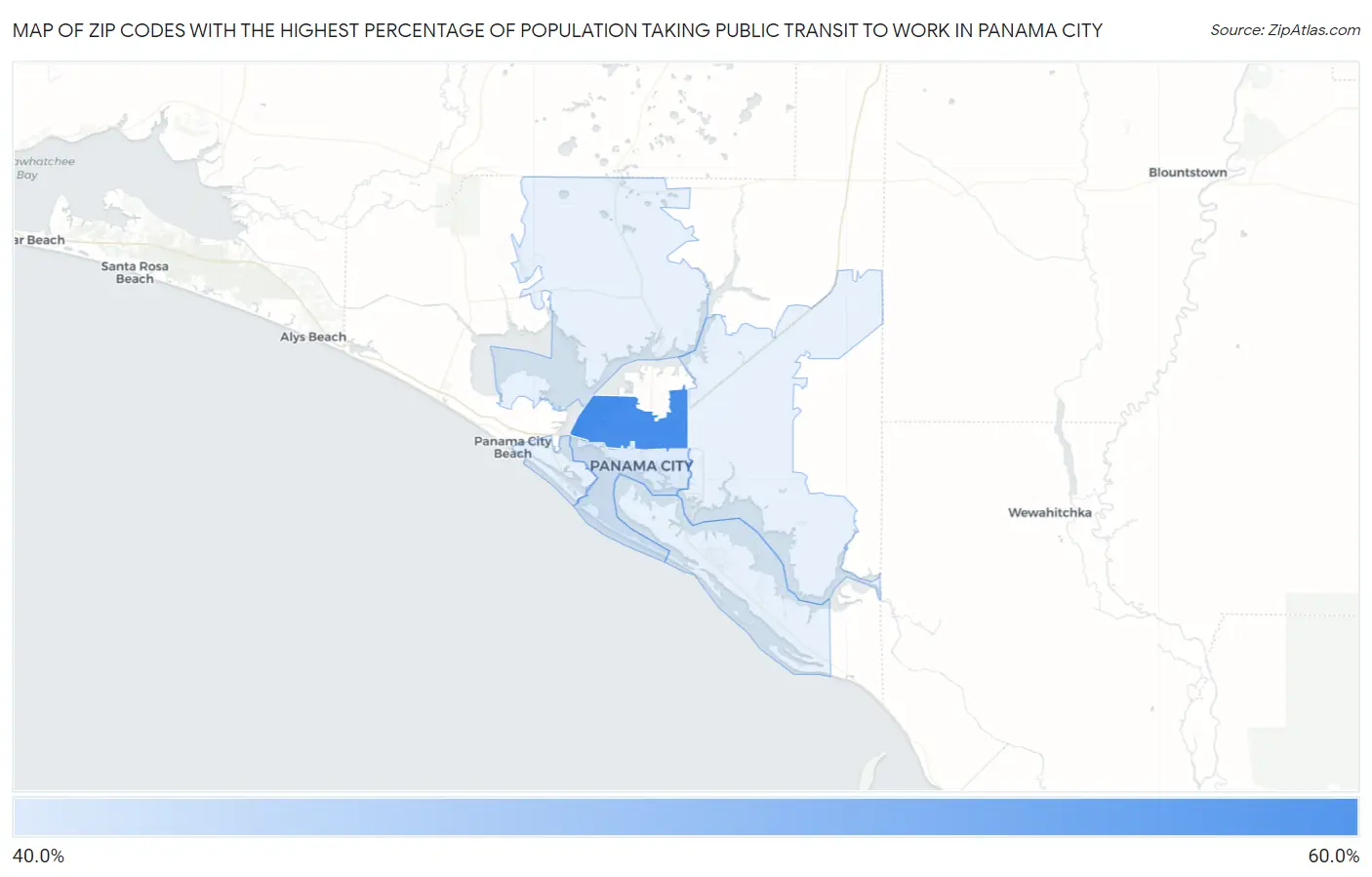 Zip Codes with the Highest Percentage of Population Taking Public Transit to Work in Panama City Map