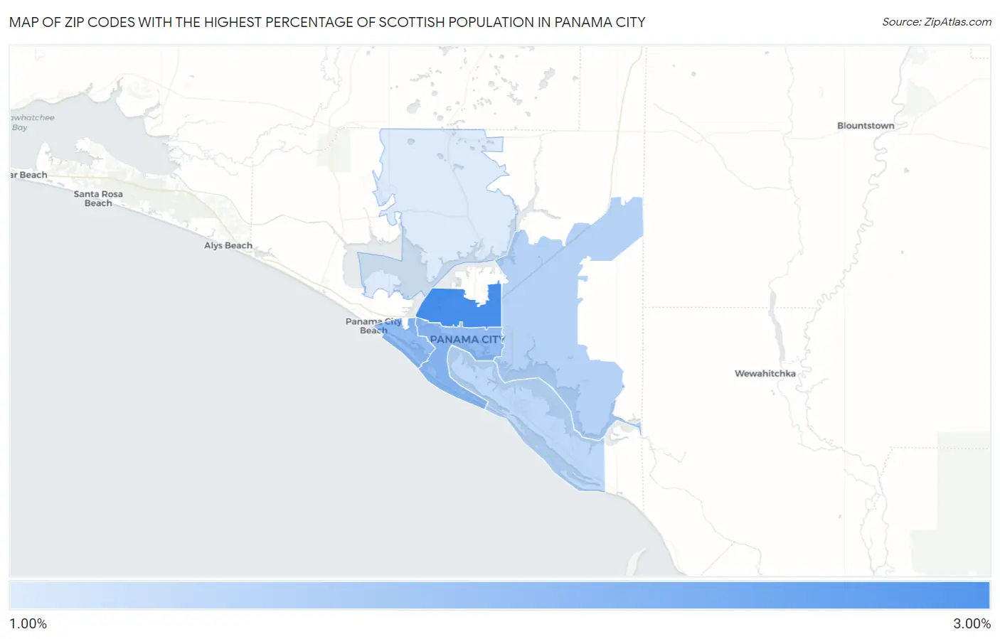 Zip Codes with the Highest Percentage of Scottish Population in Panama City Map