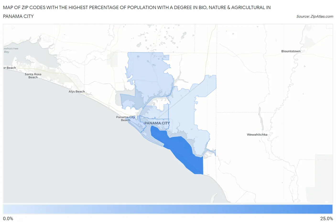 Zip Codes with the Highest Percentage of Population with a Degree in Bio, Nature & Agricultural in Panama City Map