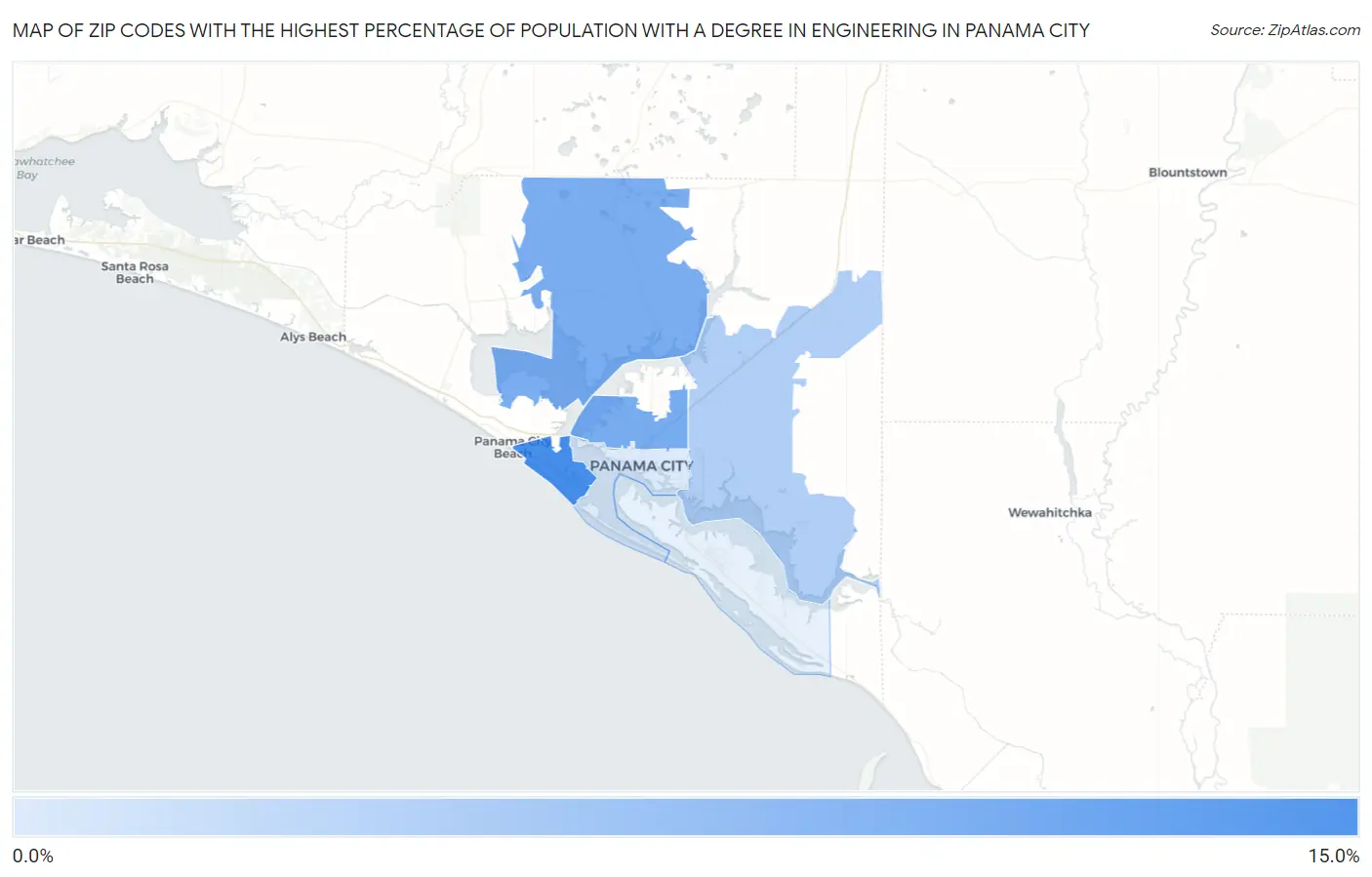Zip Codes with the Highest Percentage of Population with a Degree in Engineering in Panama City Map