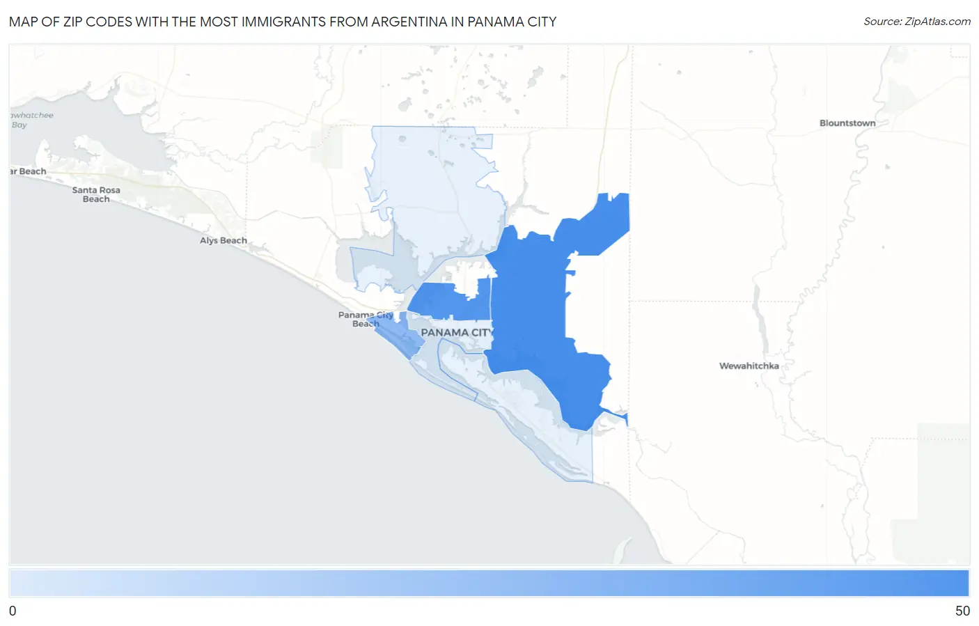 Zip Codes with the Most Immigrants from Argentina in Panama City Map