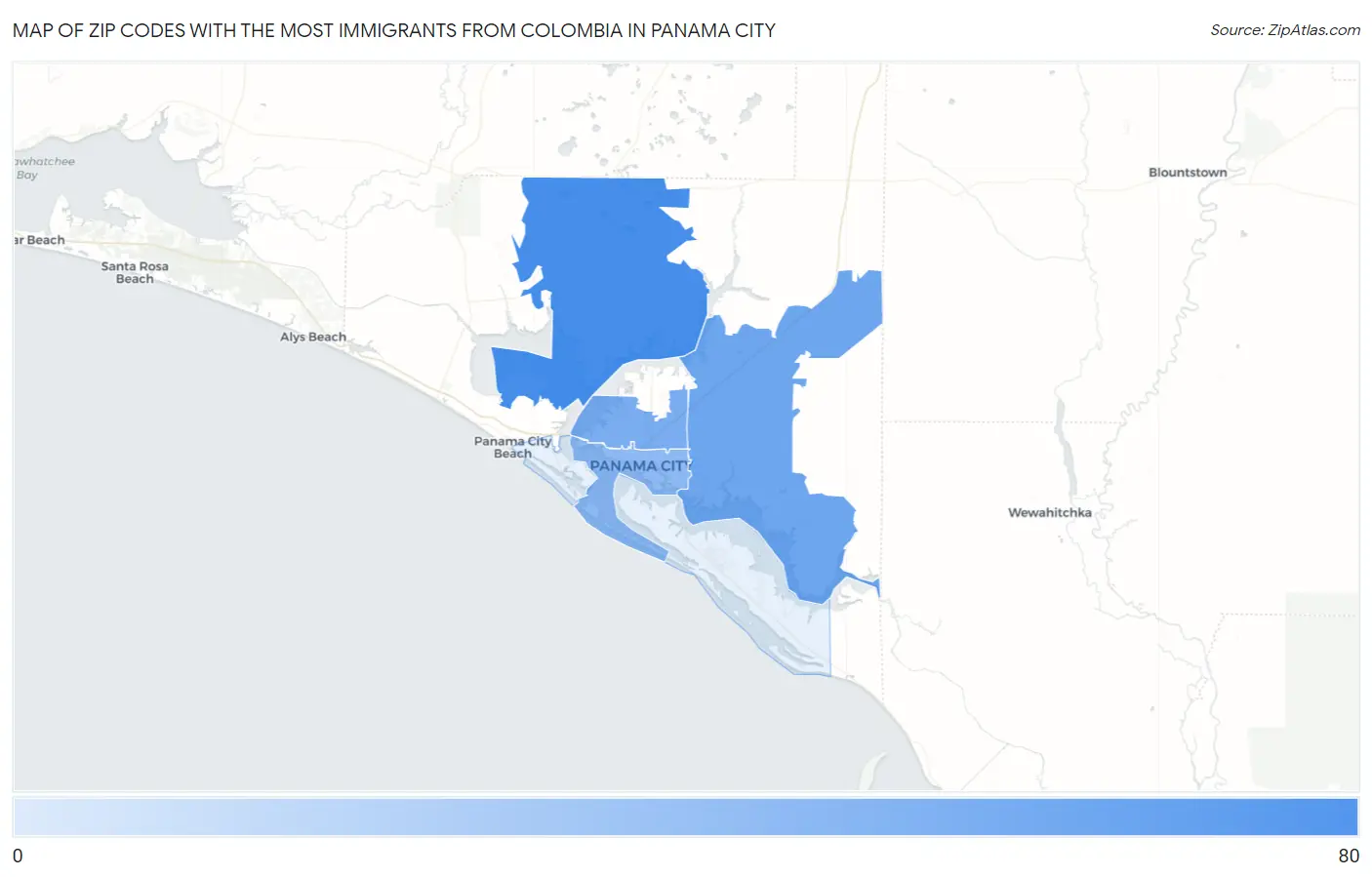 Zip Codes with the Most Immigrants from Colombia in Panama City Map