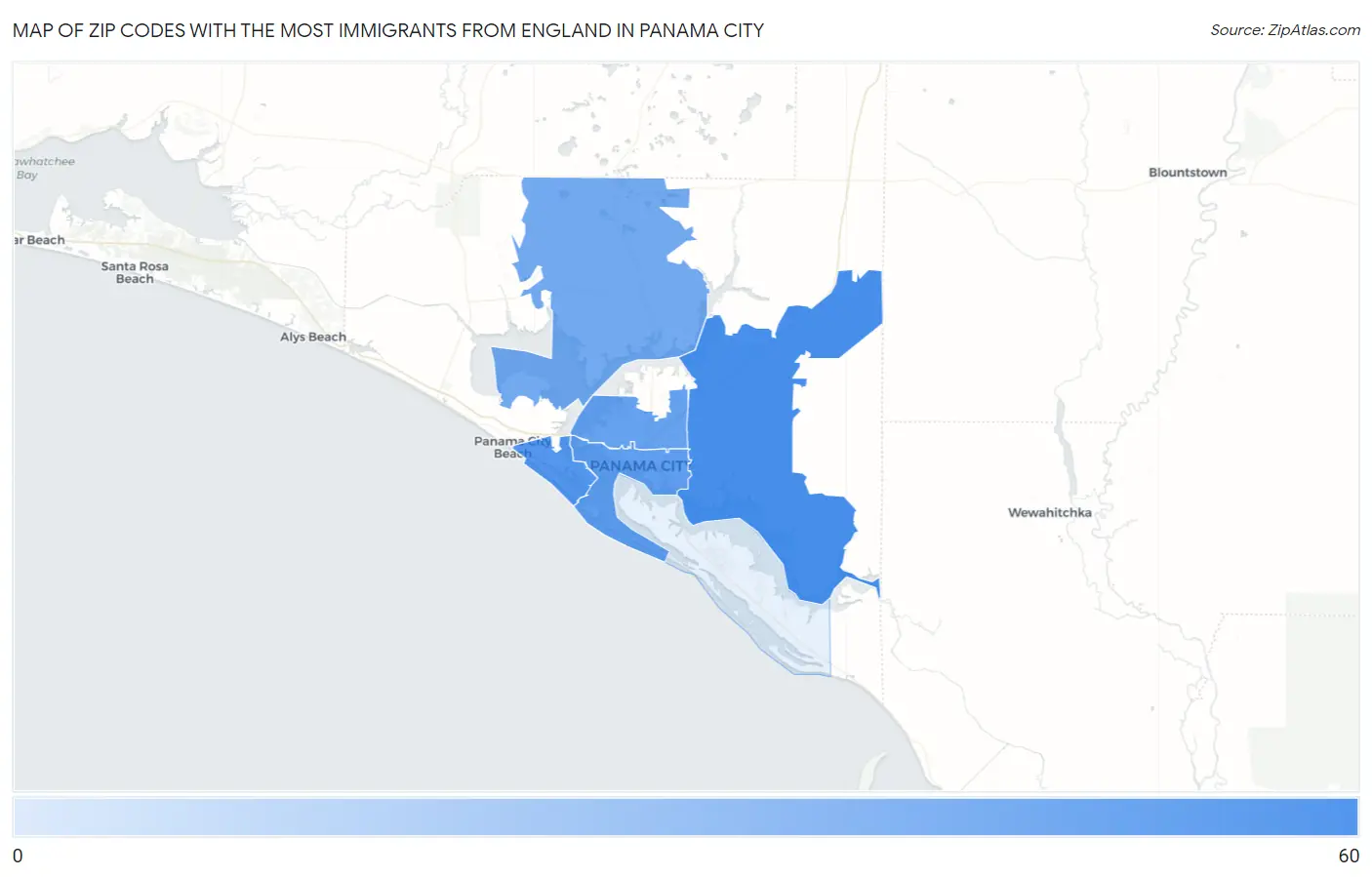 Zip Codes with the Most Immigrants from England in Panama City Map