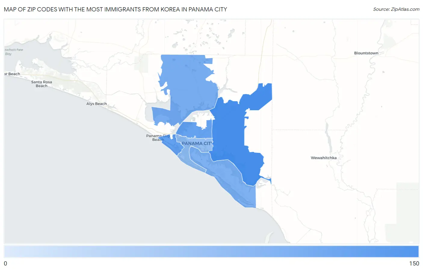 Zip Codes with the Most Immigrants from Korea in Panama City Map