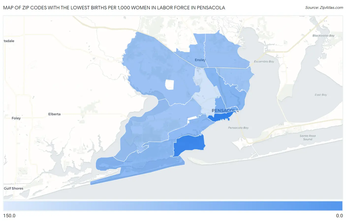 Zip Codes with the Lowest Births per 1,000 Women in Labor Force in Pensacola Map