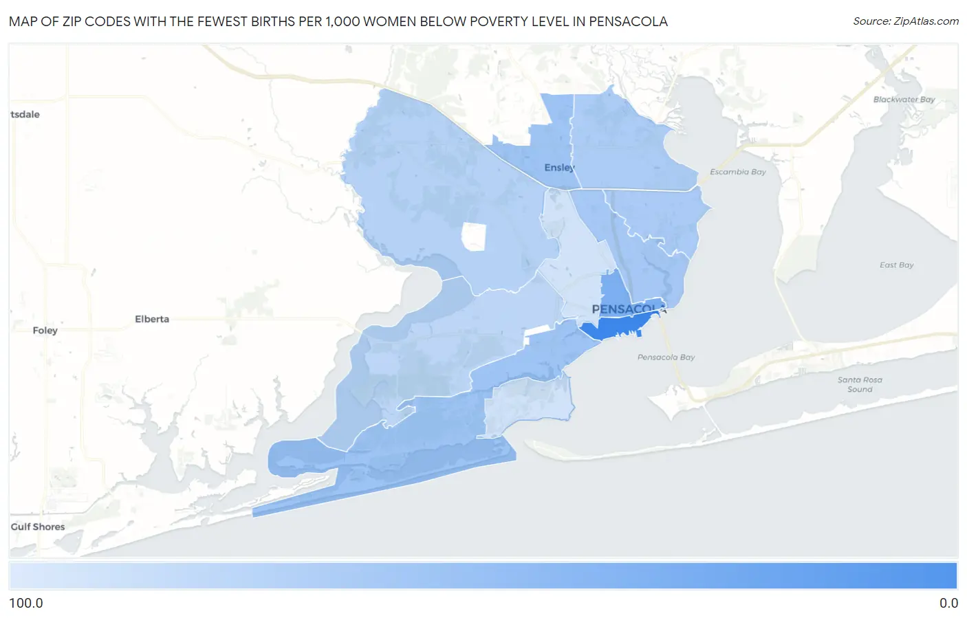 Zip Codes with the Fewest Births per 1,000 Women Below Poverty Level in Pensacola Map