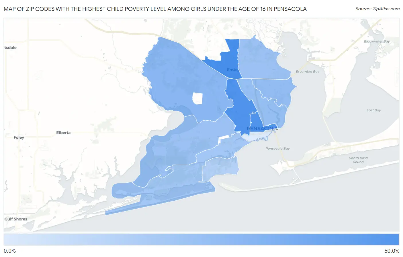 Zip Codes with the Highest Child Poverty Level Among Girls Under the Age of 16 in Pensacola Map