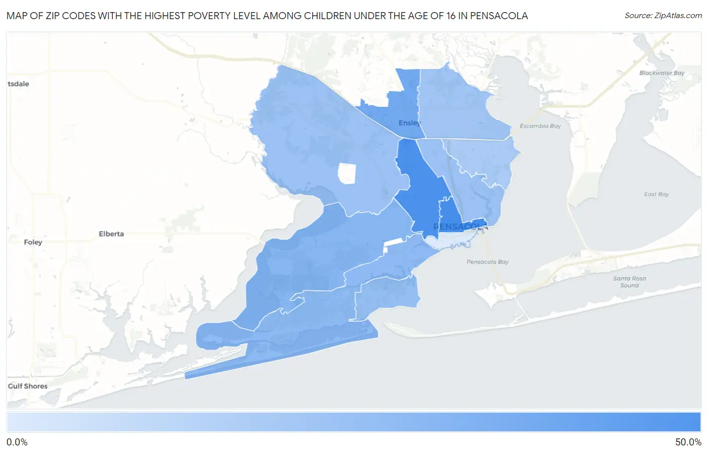Zip Codes with the Highest Poverty Level Among Children Under the Age of 16 in Pensacola Map